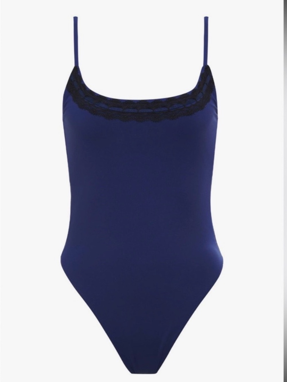 Frankie's Bikinis Navy One-Piece Swimsuit with Black Lace Trim